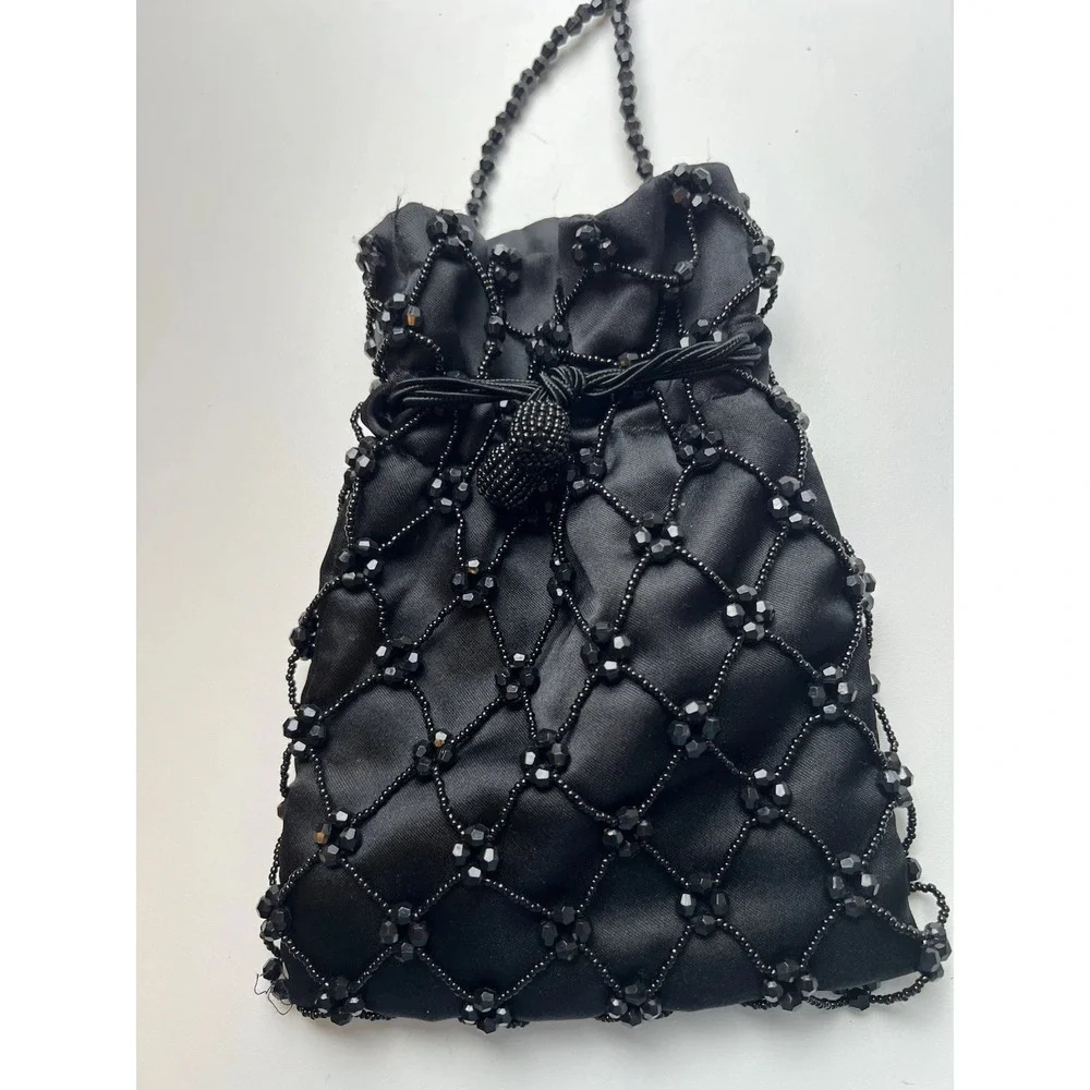 Magid Small  Black Beaded Handbag Drawstring Close Crossbody Evening Bag Vintage